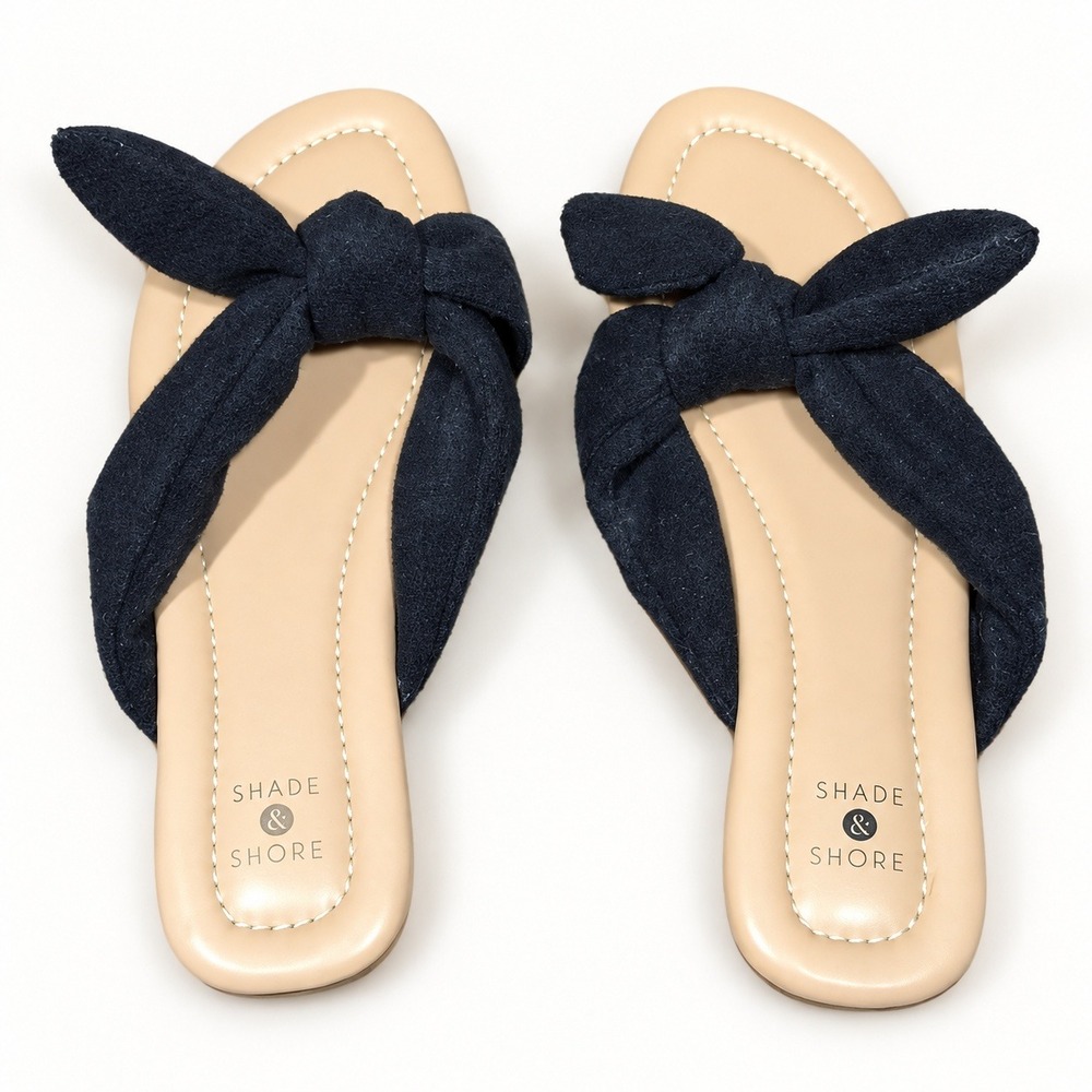 Shade & Shore Womens Black Bow Thong Sandals Flat Slip On Summer Shoes Size 9